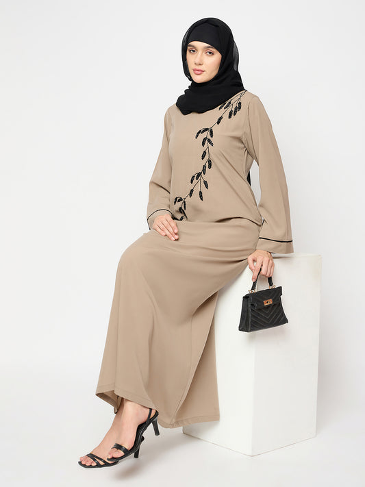 Beige Solid Luxury Abaya Burqa with Hand Work Detailing and Bell Sleeves for Women