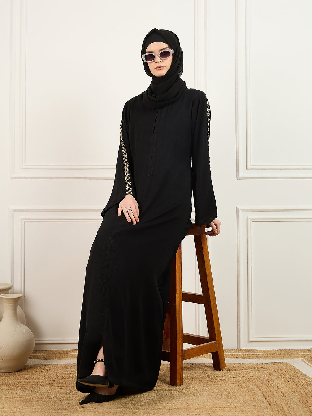 Embroidered Abaya Burqa in Black With Matching Georgette Hijab