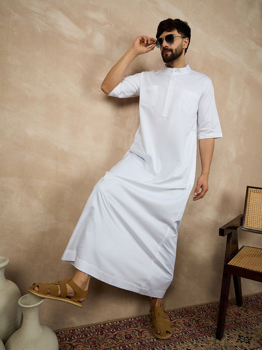 White Solid Half Sleeve Cotton Arabic Thobe/Jubba For Men