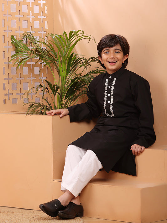 Black Solid Embroidery Detailing Kids Boy's Kurta Pajama Set