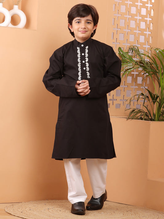 Black Solid Embroidery Detailing Kids Boy's Kurta Pajama Set