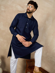 Blue Solid Shirt Collar Cotton Kurta For Men