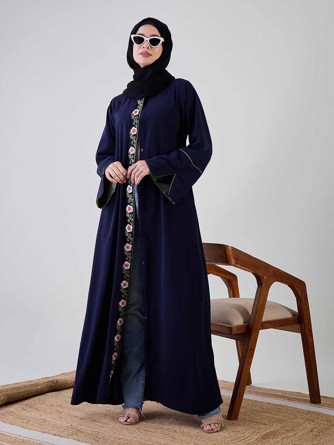 Front Open Embroidery Detailing Blue Abaya Burqa With Black Georgette Hijab