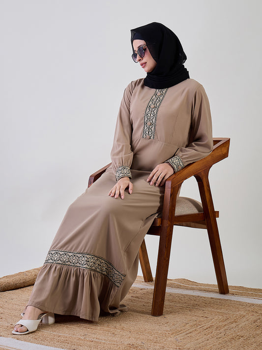 Embroidered Detailing Beige Cuffed Sleeves Abaya Burqa With Black Georgette Hijab