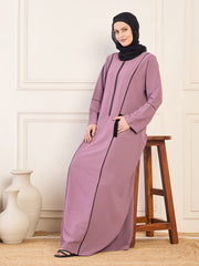 Zip-Closure Piping Detailing Pink Solid Abaya Burqa With Black Georgette Hijab