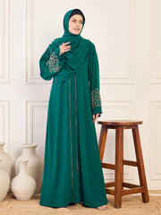 Front Open Bottle Green Solid Hand Work Detailing Luxury Abaya Burqa For Women With Matching Hijab