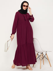 Maroon Ruffle Design Abaya for Women with Black Georgette Scarf