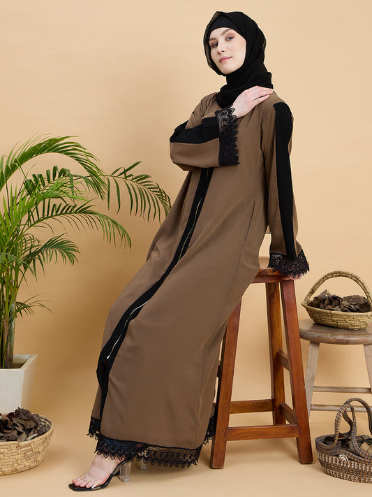Front Open Modest Zip Abaya with Black Georgette Hijab