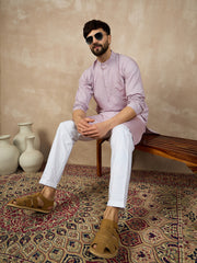 Men's Solid Lavender Color Cotton Kurta and White Pajama Set