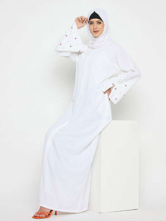 White Luxury Abaya For Umrah / Hajj with hand work detailing Paired with Black Hijab