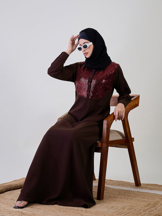 Embroidery Detailing Brown Abaya Burqa With Black Georgette Hijab