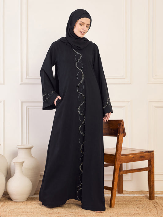 Handwork Detailing & Bell Sleeves Black Solid Luxury Abaya Burqa for Women with Black Hijab