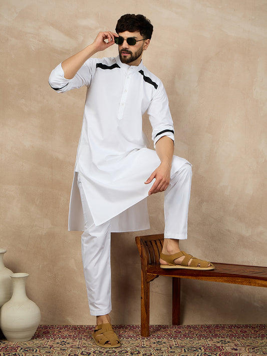 White Solid Mandarin Collar Cotton Kurta For Men With Piping Detailing