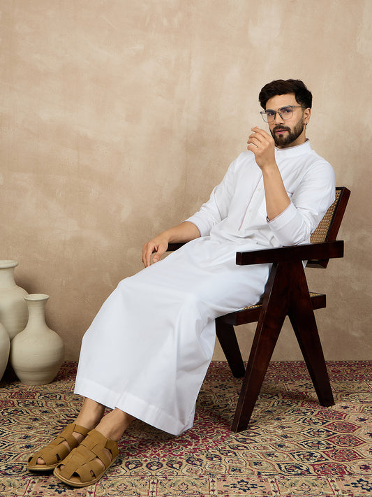 White Solid Mandarin Arabic Cotton Thobe For Men with Piping Detailing