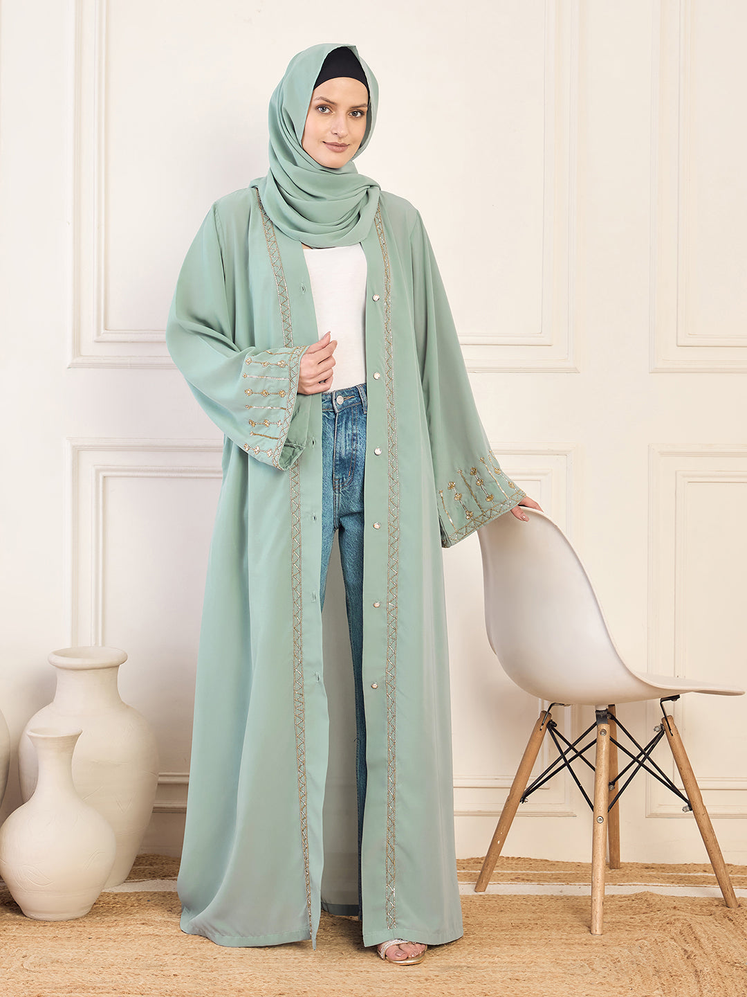 Sea Green Front Open Solid Hand Work Detailing Luxury Abaya Burqa For Women With Matching Hijab