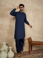 Blue Solid Cotton Pathani Kurta Pajama Set For Men