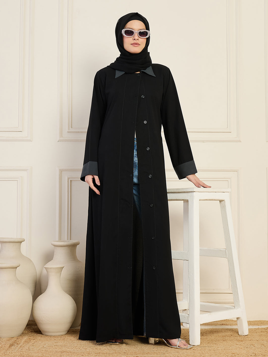 Front-Open Black Solid Collared Abaya with Black Georgette Hijab