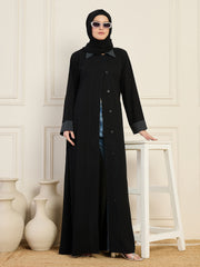 Front-Open Black Solid Collared Abaya with Black Georgette Hijab