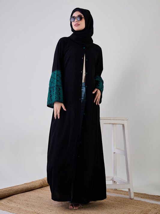 Front Open Kefiyyeh Embroidered Black Abaya Burqa With Black Georgette Hijab