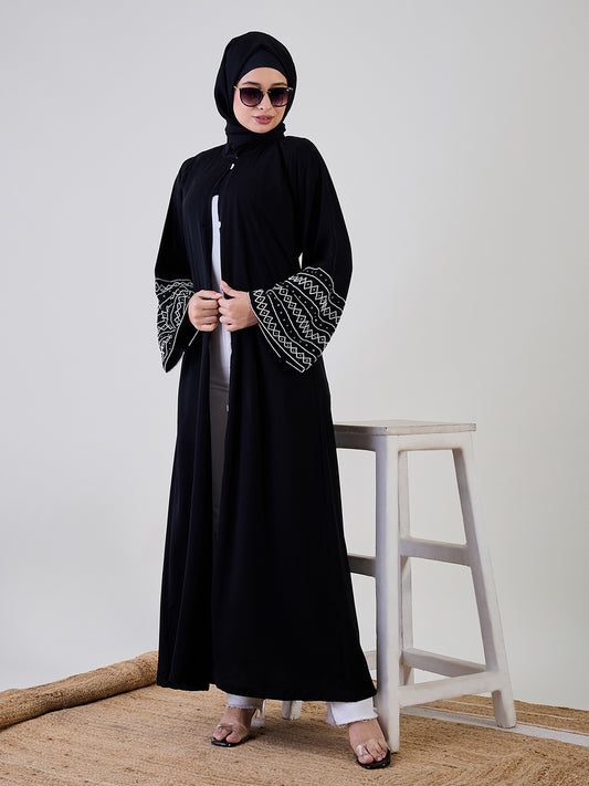 Hand Work Detailing Luxury Black Front Open Abaya Burqa For Women With Black Georgette Hijab