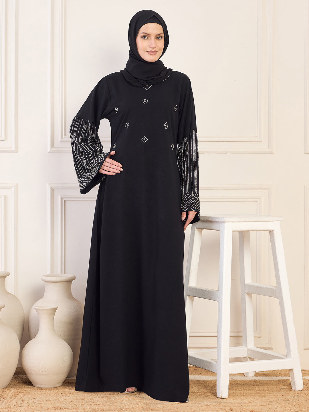 Black Solid Luxury Handworked Abaya Burqa for Women with Black Hijab