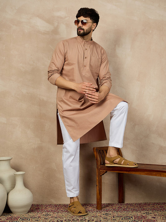 Beige Solid Mandarin Collar Cotton Kurta For Men