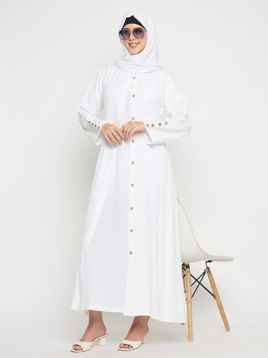Front Open Rayon Solid White Abaya suitable for Umrah / Hajj with Black Hijab