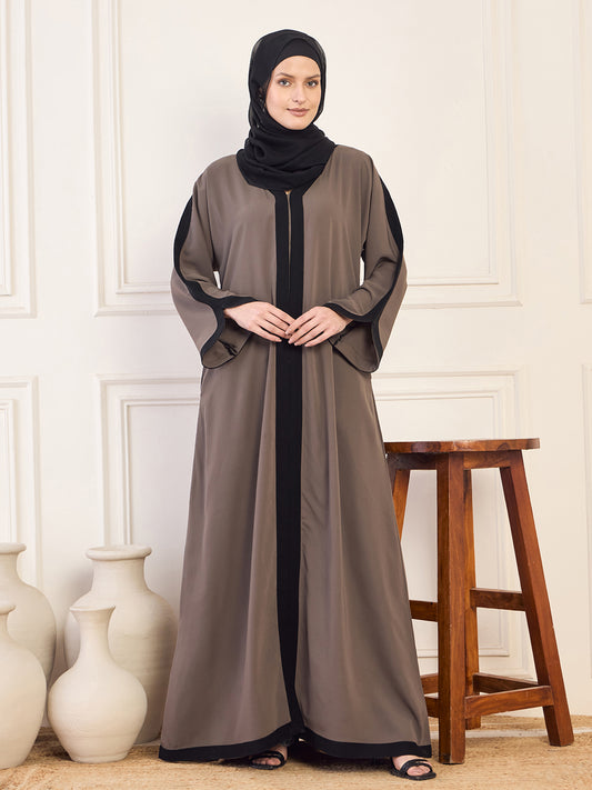 Grey Solid  Black Piping Detailing Aline Abaya Burqa With Black Georgette Hijab