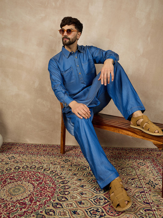 Blue Solid Denim Pathani Kurta Pajama Set For Men