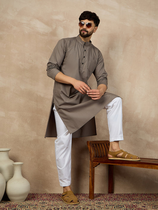 Grey Solid Mandarin Collar Cotton Kurta For Men