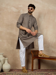 Grey Solid Mandarin Collar Cotton Kurta For Men