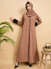 Front Open Modest Beige Coat-Style Abaya with Matching Hijab