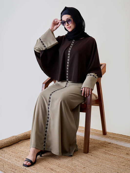 Embroidery Detailing Beige and Brown Abaya Burqa With Black Georgette Hijab