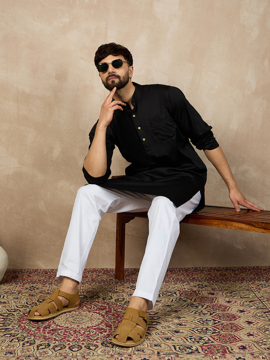 Black Solid Cotton Kurta and White Pajama Set For Men