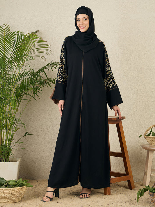 Front Open Black Embroidered Abaya with Black Scarf