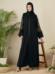 Front Open Black Embroidered Abaya with Black Scarf