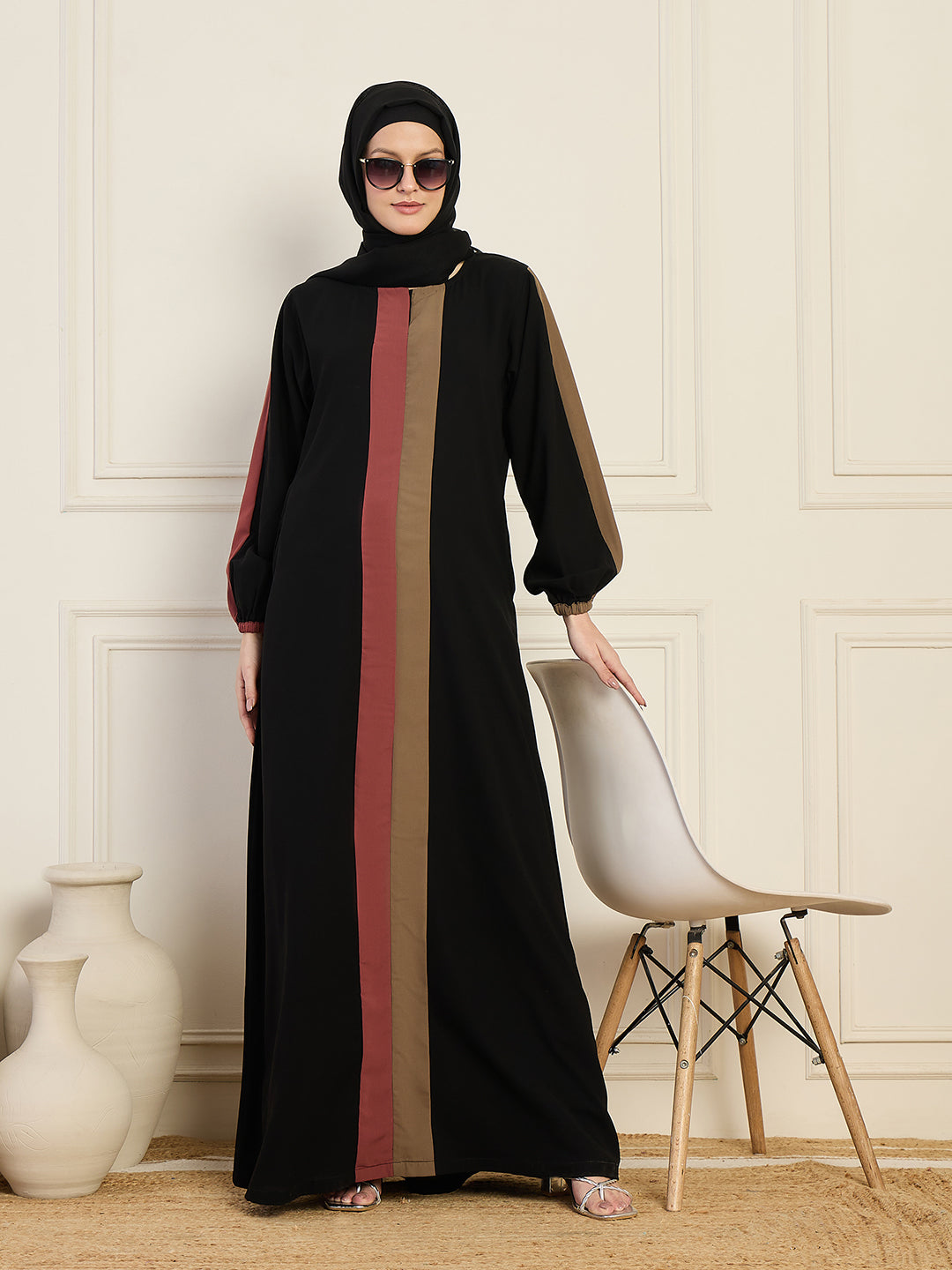 Three Color Design Solid Nida Matte Abaya Burqa With Black Georgette Hijab