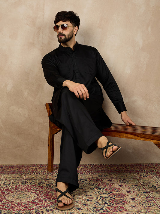 Black Solid Cotton Pathani Kurta Pajama Set For Men