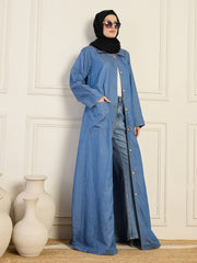 Front Open Denim Blue Solid Abaya With Black Georgette Hijab