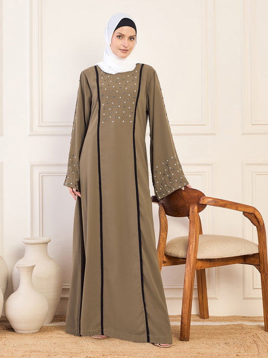 Oat Solid Handwork & Black Piping Detailing Luxury Abaya Burqa for Women With White Georgette Hijab