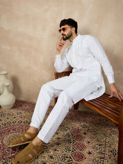 Men's Solid White Cotton Kurta with Mandarin Collar