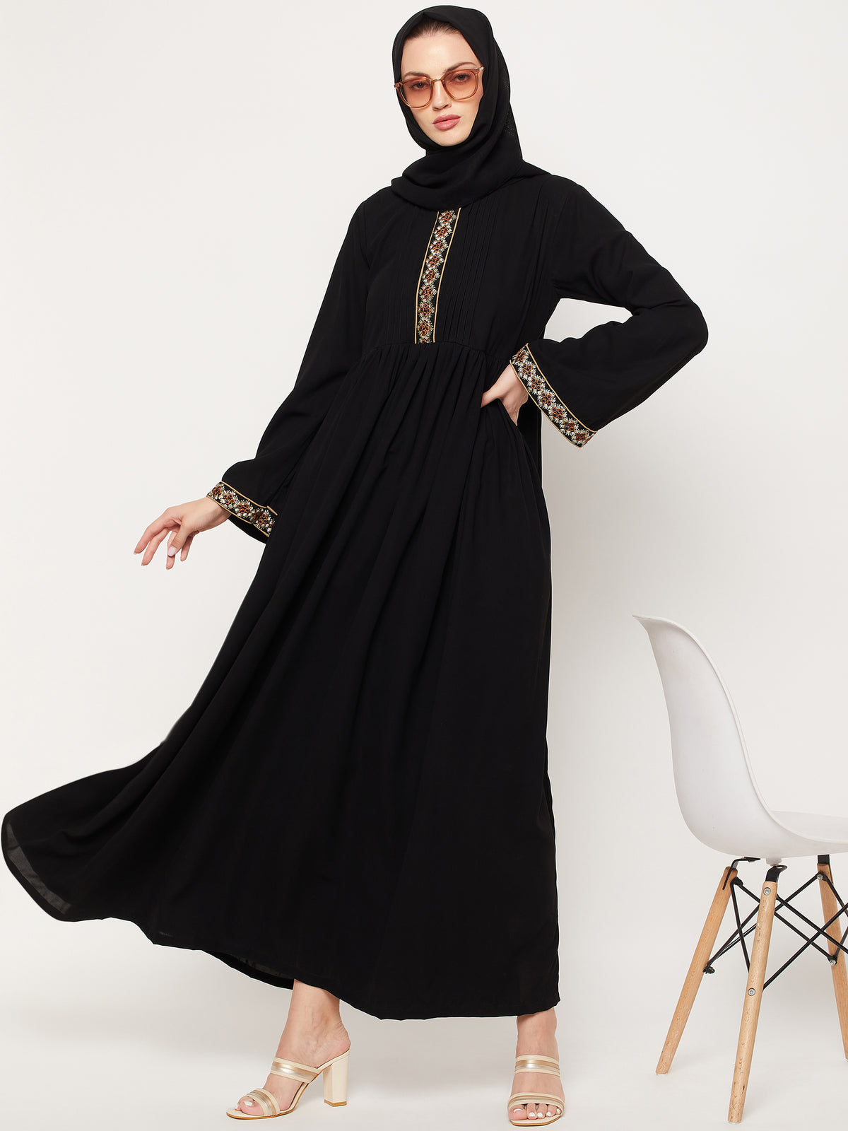 Solid Black Embroidery Design Abaya Dress with Black Georgette Hijab