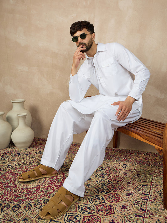 White Solid Cotton Pathani Kurta Pajama Set For Men