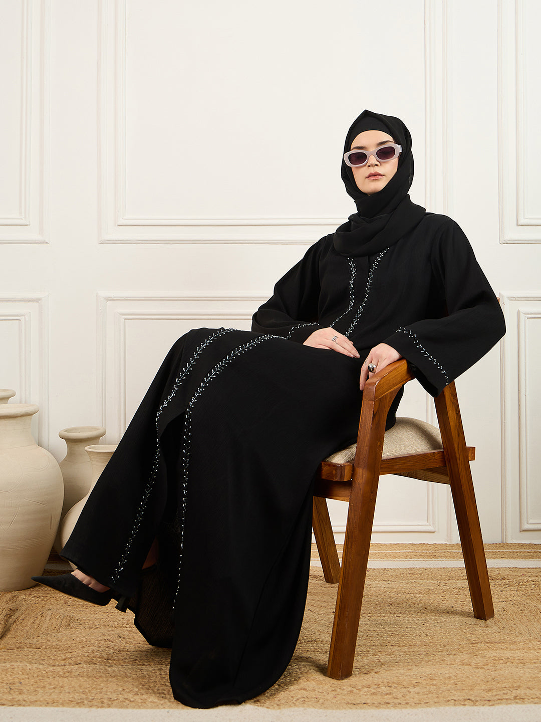 Black Solid Luxury Handworked Abaya Burqa with Matching Georgette Hijab