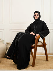 Black Solid Luxury Handworked Abaya Burqa with Matching Georgette Hijab