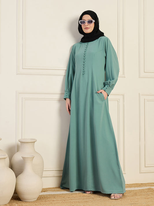 Sea Green A-line Solid Abaya Burqa With Black Georgette Hijab