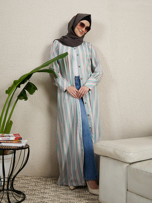 Front Open Printed Abaya for Women with Black Scarf