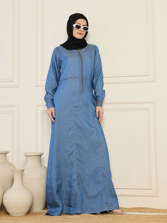 Blue Solid Cuffed Sleeves Denim Abaya Burqa With Black Georgette Hijab