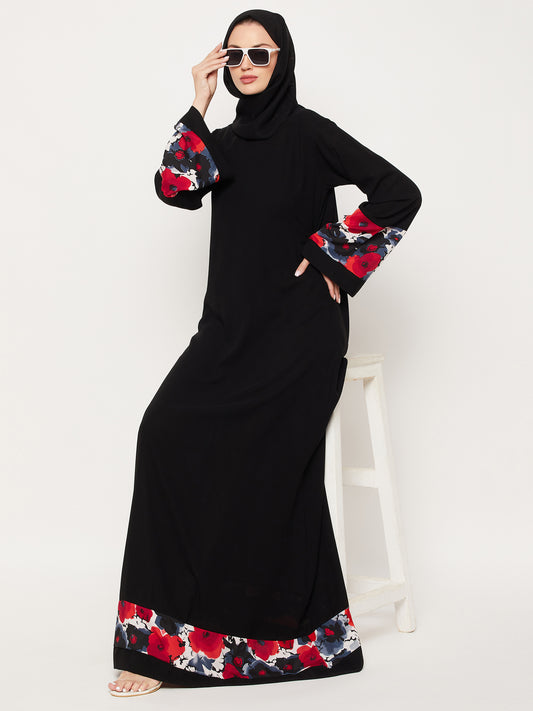 A Line Black & Red Solid Abaya for Women with Black Georgette Hijab