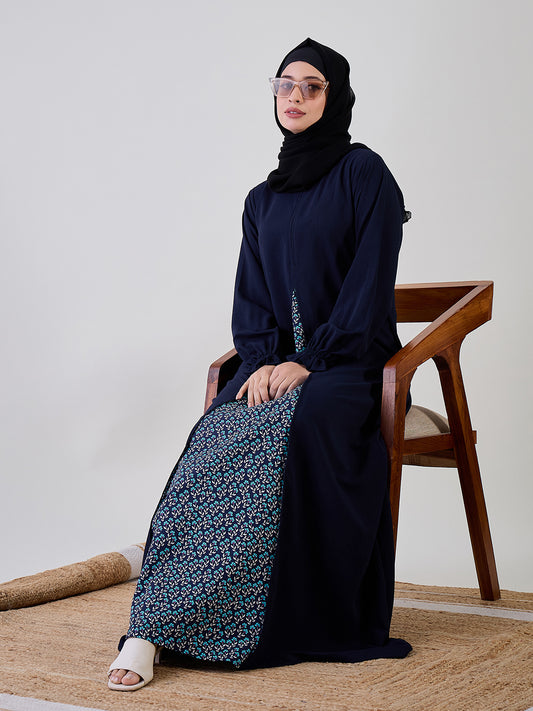 A-line Solid  and Printed Blue Abaya Burqa With Black Georgette Hijab